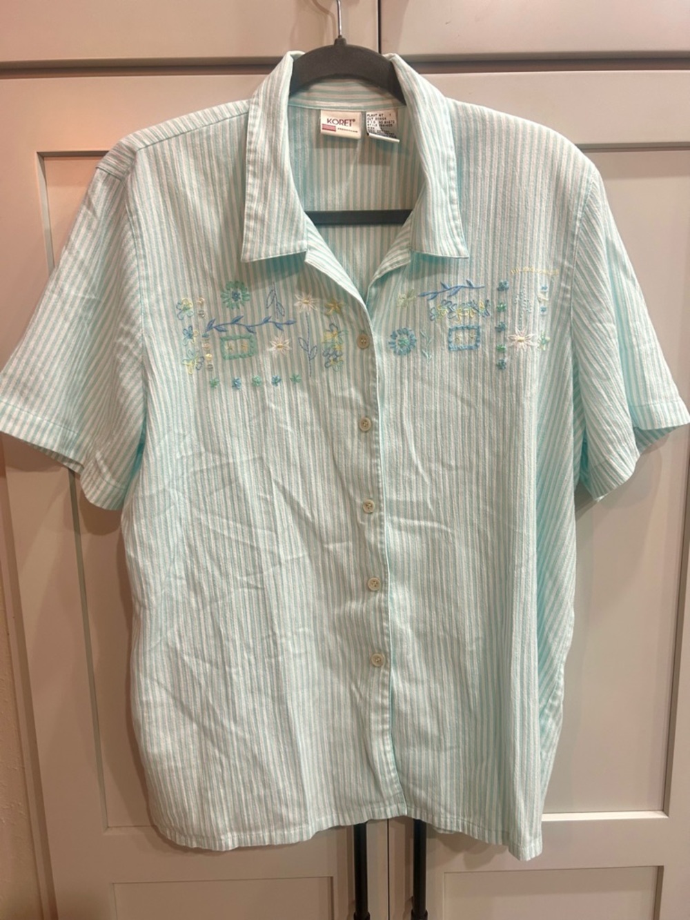 Crest Short-Sleeve Striped Embroidered Button-Up Shirt - Light Aqua
